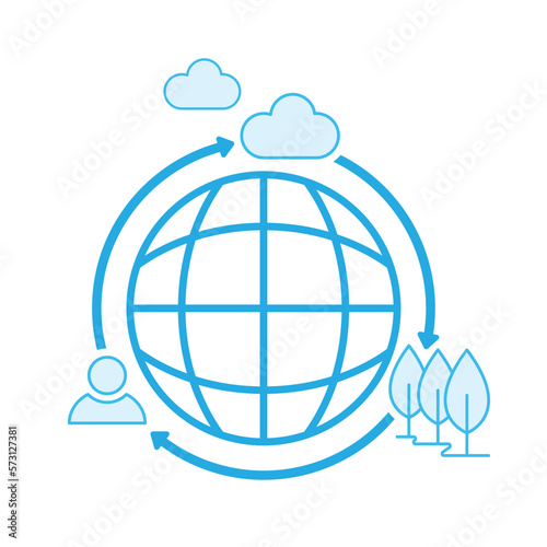 Globe icon surrounded with cycle arrow, human, plant and cloud symbols represent the ecosystem. Vector illustration outline flat design style.