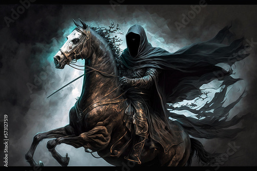 A knight with dark hood riding horse. Generative ai illustration