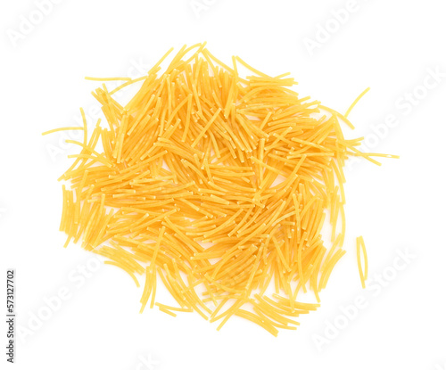 Heap of raw vermicelli pasta on white background