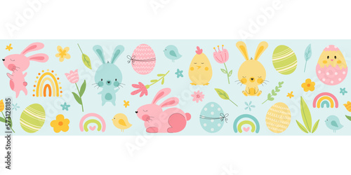 Cute hand drawn easter bunnies and eggs pattern