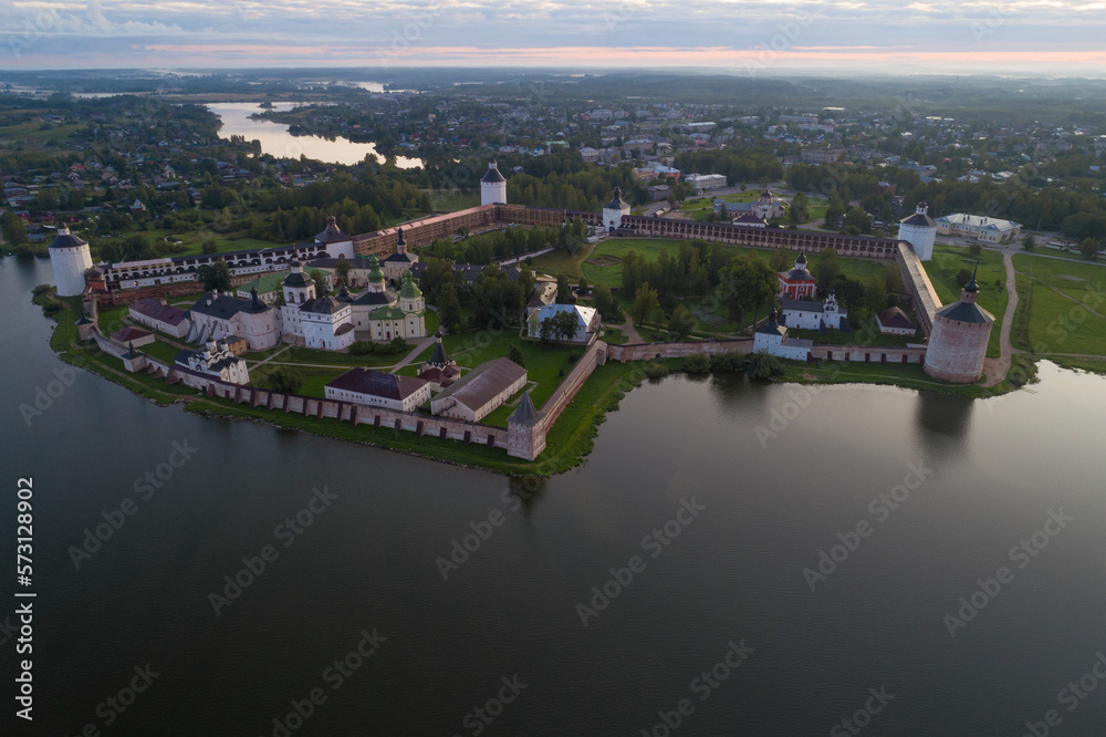 View from a height of the ancient Kirillo-Belozersky monastery in the early August morning. Kirillov, Vologda region. Russia