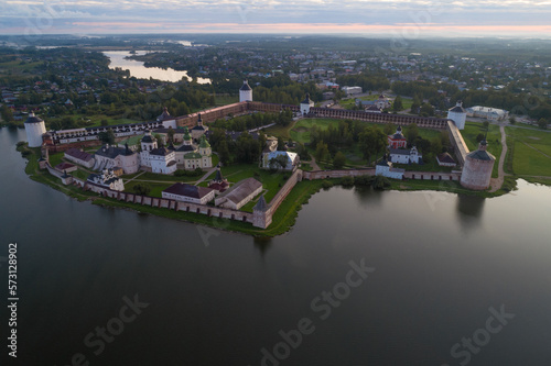 View from a height of the ancient Kirillo-Belozersky monastery in the early August morning. Kirillov, Vologda region. Russia © sikaraha