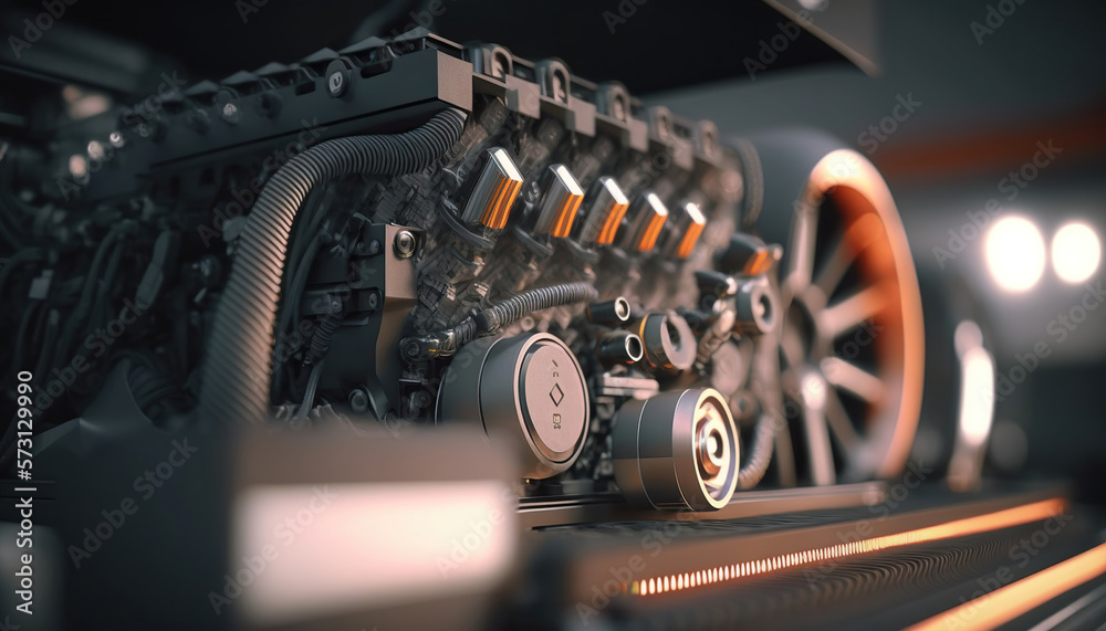 Obraz premium The powerful engine of a car, generative Ai