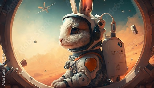 very cool rabbit space explorer cartoon character with Generative AI Technology.