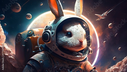 very cool rabbit space explorer cartoon character with Generative AI Technology.