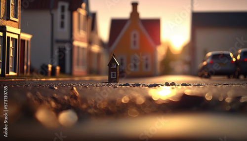Macro View From the Street in Tiny Little Town before Sunset Time, generative Ai