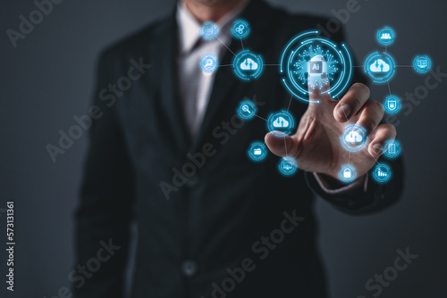 person is touch an Ai chip.new technology bigdata and business process strategy,customer service management.Digital transformation change management,internet of things.cloud computing.Ai technology. photo