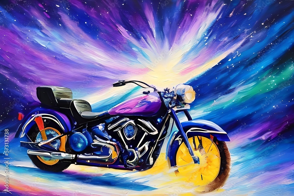 Illustration of a colorful sky and a vintage motorbike