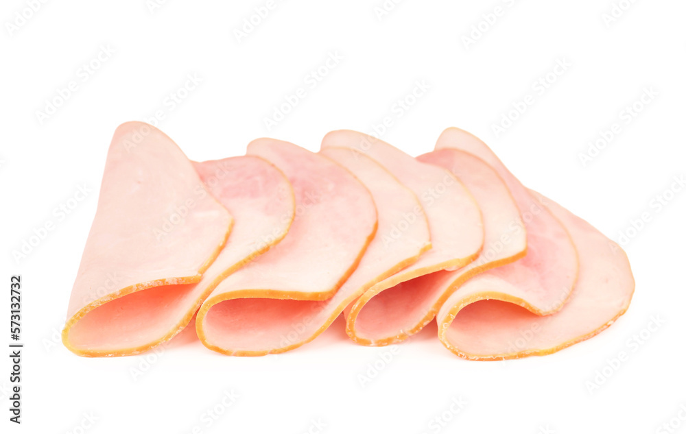 Delicious ham slices isolated on white background