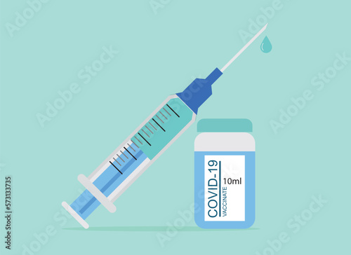 Covid-19 Coronavirus concept. vaccine vial and syringe. quarantine from Wuhan novel coronavirus. pandemic covid-19 outbreak. isolated icon. flat vector illustration