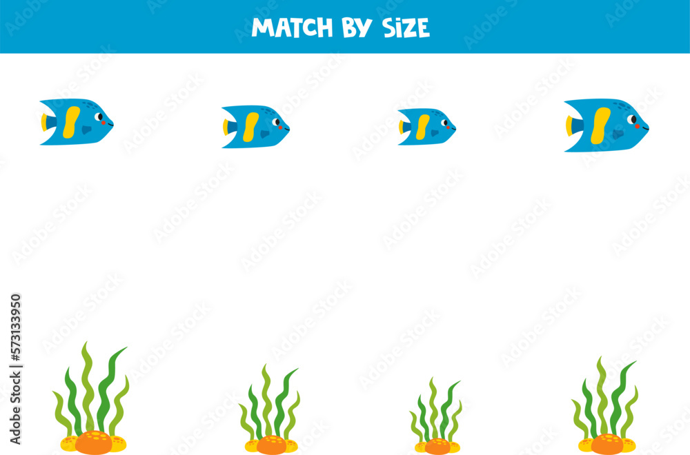 Matching game for preschool kids. Match blue fish and seaweed by size.