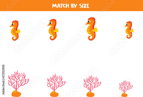 Matching game for preschool kids. Match seahorses and corals by size.