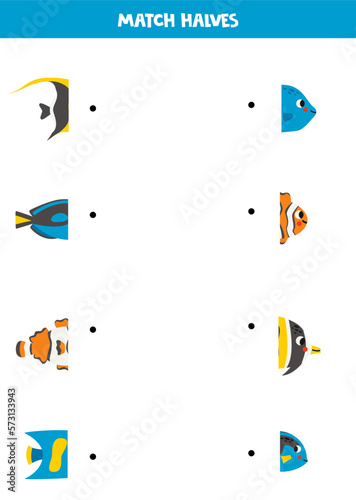 Match parts of cartoon cute sea fish. Logical game for children.