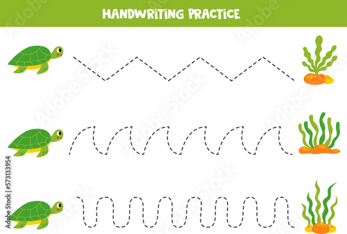 Tracing lines for kids. Cartoon seaweeds and turtles.
