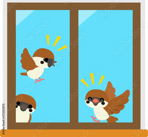窓辺で鳴くスズメ