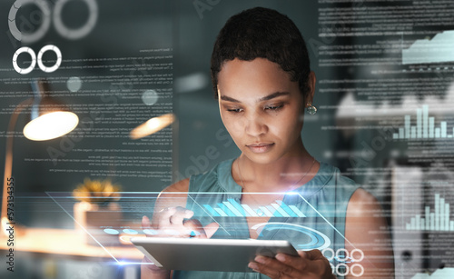 Black woman with tablet, focus and data overlay for erp app innovation, research and programming in future info technology. Futuristic analytics, software and developer for startup business website. photo