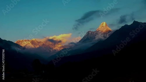 Timelapse of Sunset of Mt. Everest, Lhotse and Mt. Ama Dablam from Tengboche, Solukhumbu, Nepalese Himalayas. photo