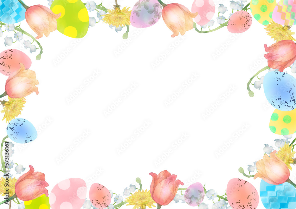 Fototapeta premium イースターエッグとチューリップのフレーム A4サイズ Watercolor easter eggs decorated with spring flowers