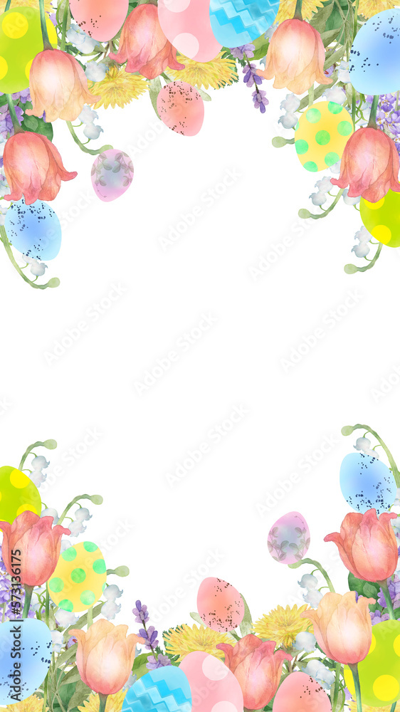 イースターエッグと春の花の縦型フレーム Watercolor easter eggs decorated with spring flowers