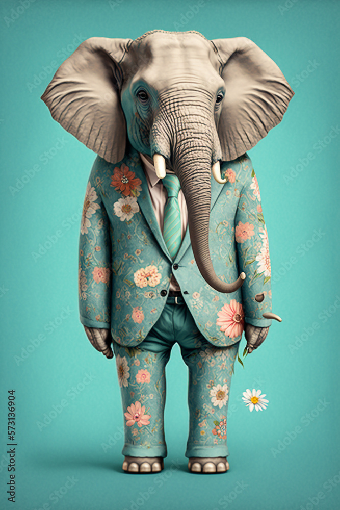 Elephant  as Fashion Model in Floral Suite Summer Dressing Generative AI Digital Illustration Part#190223