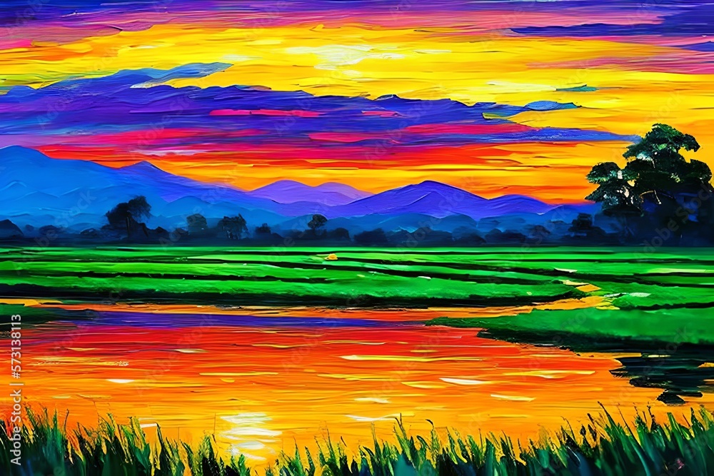 An expensive oil painting illustration of a beautiful ricefield at night