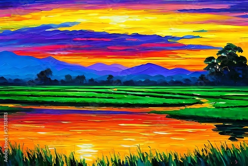 An expensive oil painting illustration of a beautiful ricefield at night © AbsAI