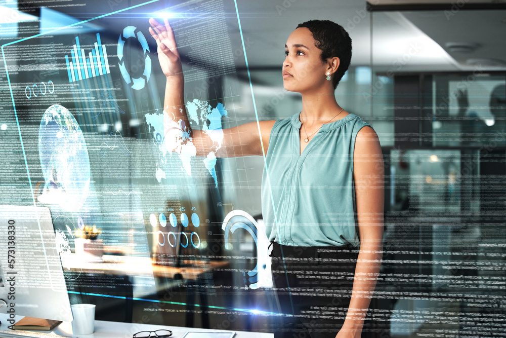 Globe, virtual reality and overlay with a business black woman using an ai ux interface to access the metaverse of data. Digital, future or working on information or a 3d hologram for global network