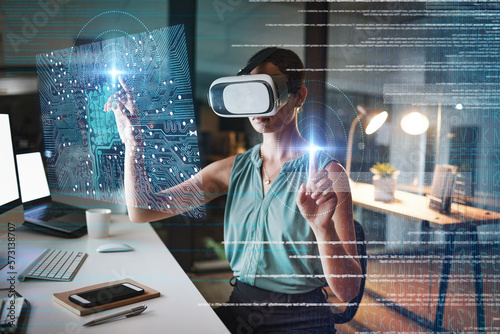 Woman, coding and night with vr double exposure, hologram graphic or web design planning for cybersecurity. Developer, augmented reality glasses or future cloud computing at office with metaverse ux photo