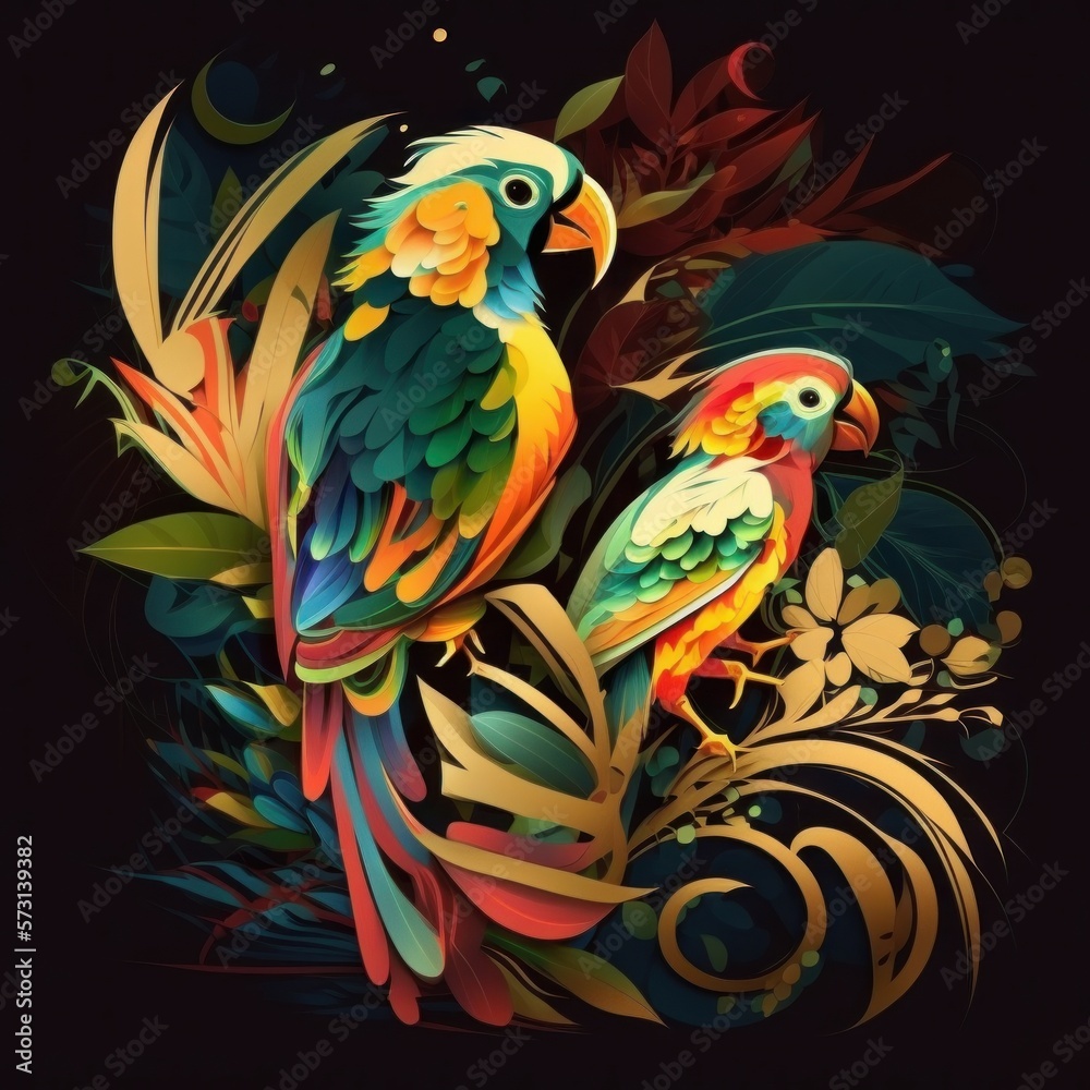 Obraz premium Colorful cubism illustration of parrots on tree branch. Made with Generative AI.