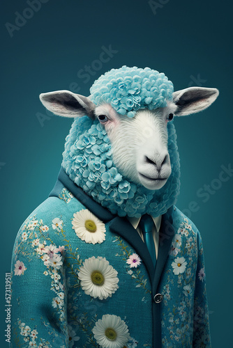 Sheep  as Fashion Model in Floral Suite Summer Dressing Generative AI Digital Illustration Part 190223 © Cool Patterns