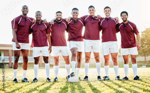 Men, sports and portrait of a rugby team on a field for stretching, training and fitness exercise. Athlete group people train for teamwork, competition game and diversity with workout and performance