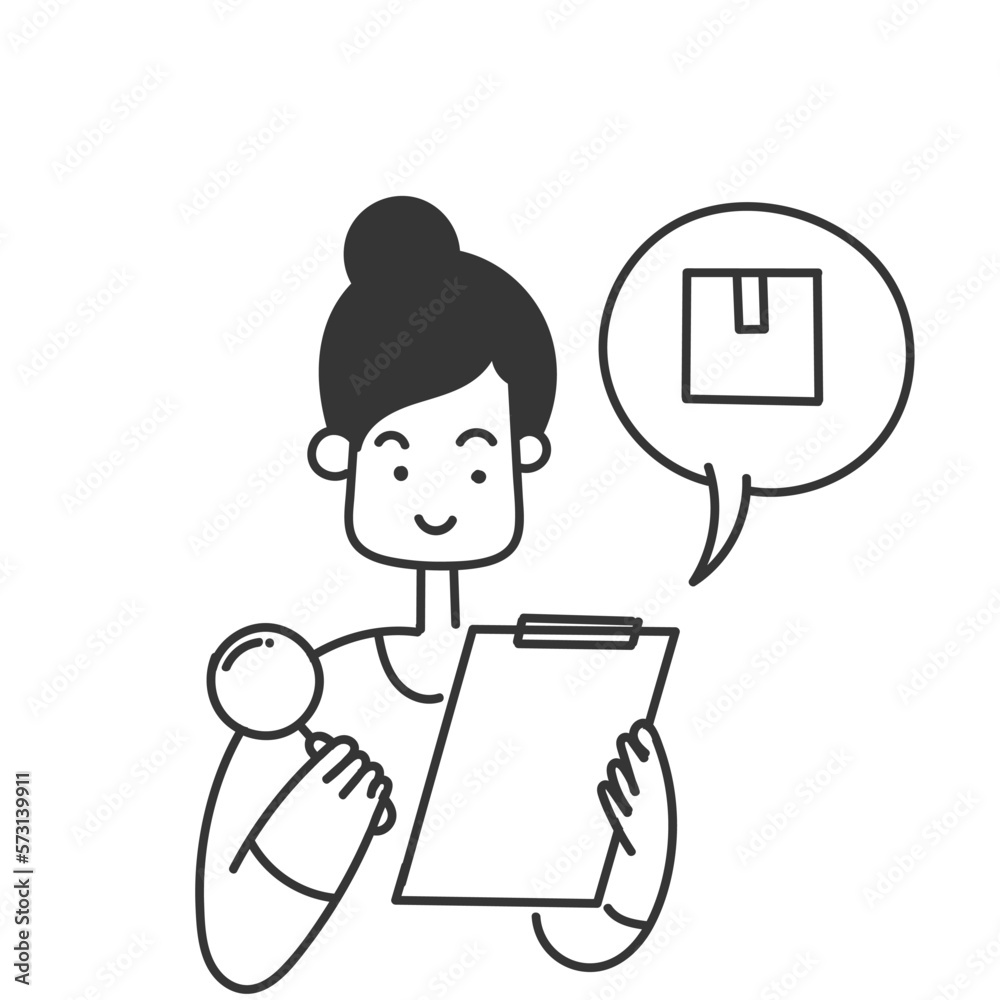 hand drawn doodle Person looking at boxes through magnifying glass and clipboard check symbol for quality check illustration