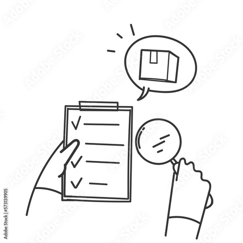 hand drawn doodle Person looking at boxes through magnifying glass and clipboard check symbol for quality check illustration