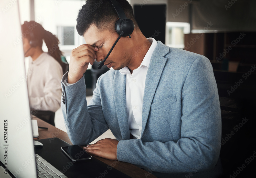 Customer service consulting, stress headache or man telemarketing on contact us CRM or telecom microphone. Call center burnout, web ecommerce or information technology consultant with medical crisis Customer service consulting, stress headache or man telemarketing on contact us CRM or telecom microphone. Call center burnout, web ecommerce or information technology consultant with medical crisis