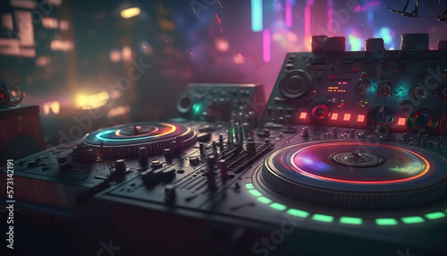 DJ Spinning, Mixing, and Scratching in a Night Club, generative Ai