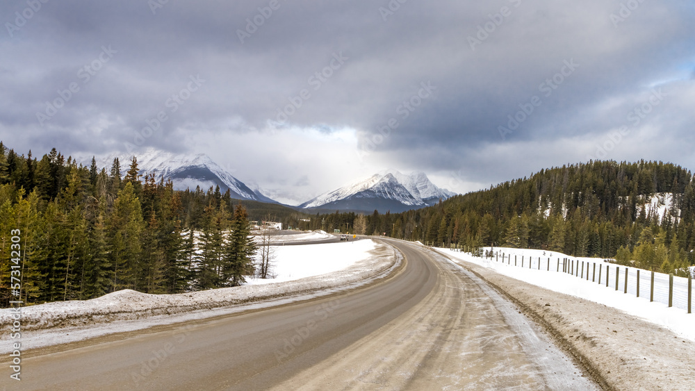Lake Louise north entrance to highway 1 ramp in wintwer season cloudy day Lake Louise north entrance to highway 1 ramp in wintwer season cloudy day