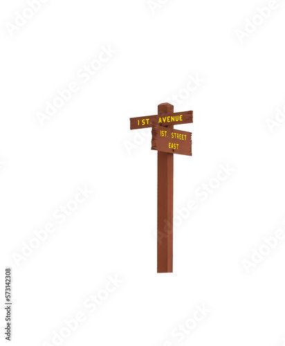 First street and first avenue wooden sign isolated on white background
