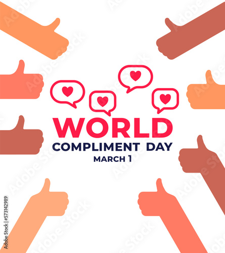 Vector poster World Compliment Day. Heart, likes, vector illustration. People giving thumbs up.  