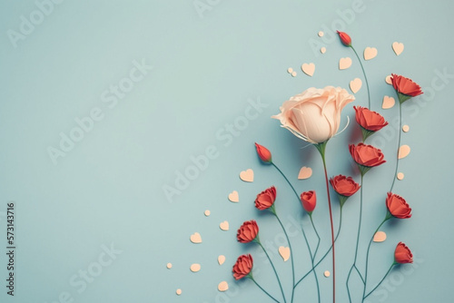 Colorful love and flowers on a blue background with copy space