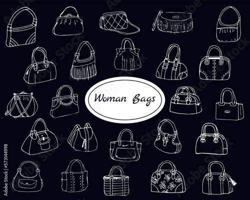 Vector hand-drawn fashionable women's bags s doodle on dark background. 