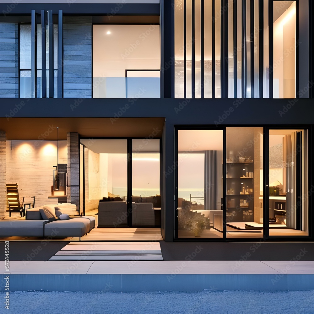 a modern house with an all black exterior and large glass doors and ...