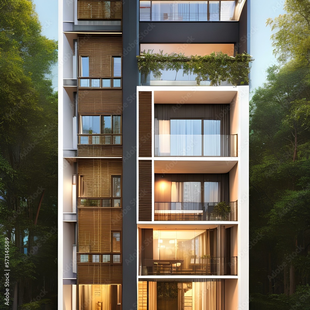 a tall and narrow modern house with all glass exterior and a small balcony on each floor 1_SwinIRGenerative AI a tall and narrow modern house with all glass exterior and a small balcony on each floor 1_SwinIRGenerative AI