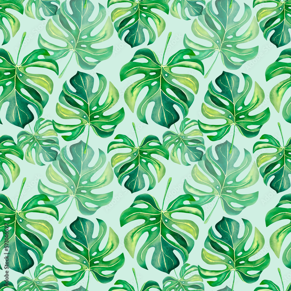 A pattern of tropical plants. Monstera. The palm branch. Watercolor illustration. Nature of the tropics. Collage of monstera and palm trees. Mosaic.