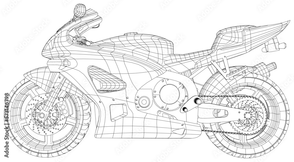 Vector line art motorcycle concept design. Sport bike black contour outline sketch illustration isolated on white background. Stroke without fill. Cower drawing