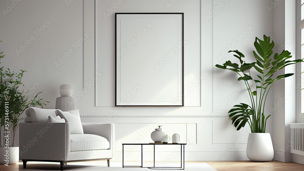 Fototapeta premium Interior of modern living room with white walls. Generative Ai