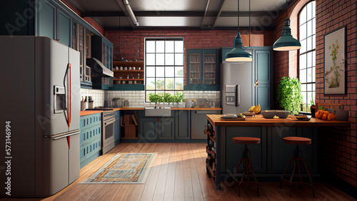 Kitchen interior design in loft style. Generative Ai