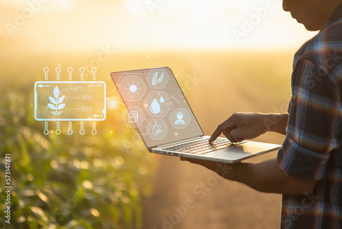 Farmer using digital tablet in corn crop cultivated field with smart farming interface icons and light flare sunset effect. Smart and new technology for agriculture business concept.