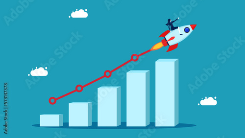The business is growing rapidly. Progress or development concept. Businesswoman riding rocket on growth bar graph vector