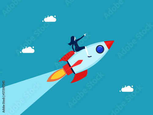 direction leader of the business organization. Commitment and optimization for growth. Businesswoman riding a rocket to success vector