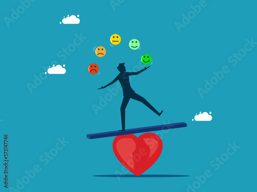 man balances emotions on heart. Emotional intelligence. Balance anxiety and happiness. vector illustration